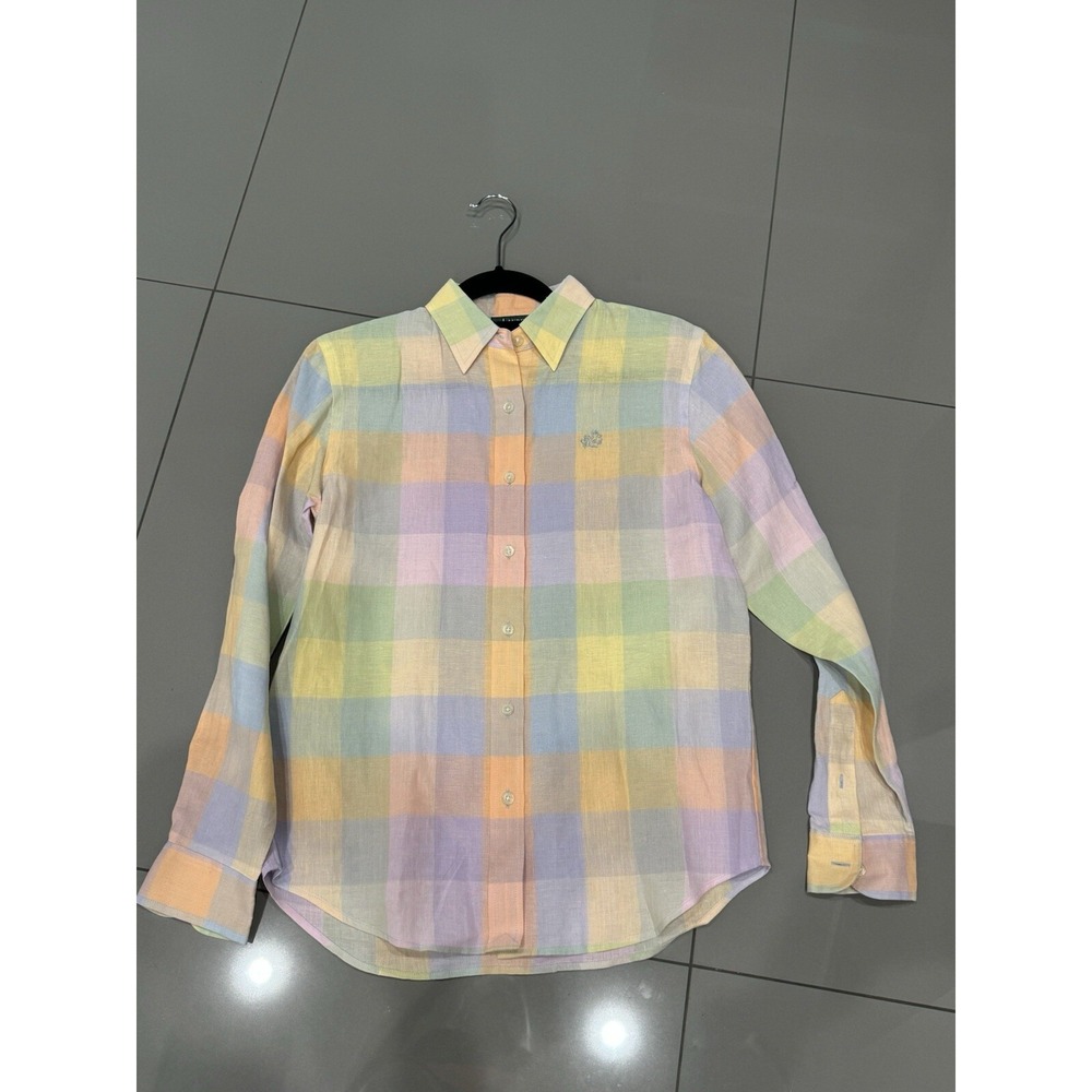 Polo Ralph Lauren Button Up Shirt Womans Size S Casual  100% Linen Plaid